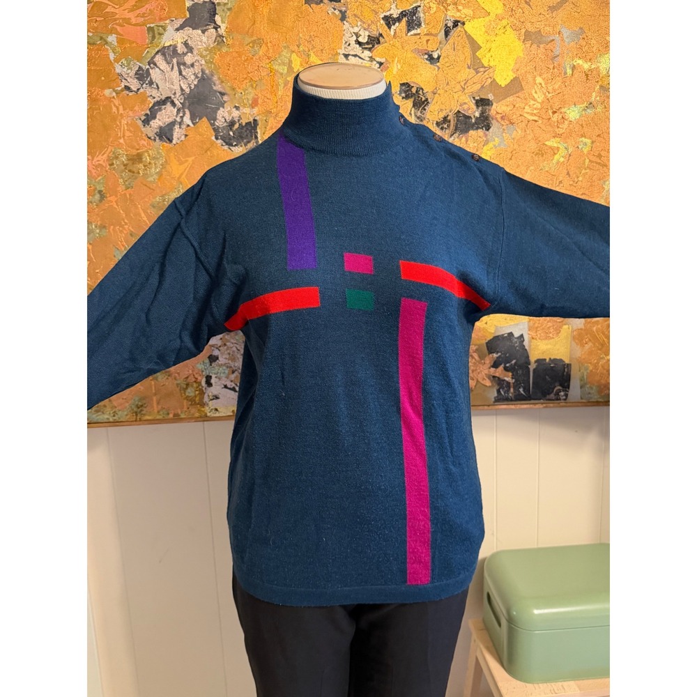 Vintage Gispa Tuttamaglia Teal Blue Geometric Mock Neck Wool Blend Sweater Italy